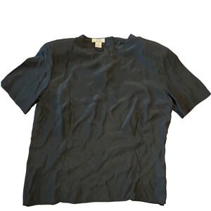 Fu Da Fine Silk Blouse Black Short Sleeve Button Back Top Large L